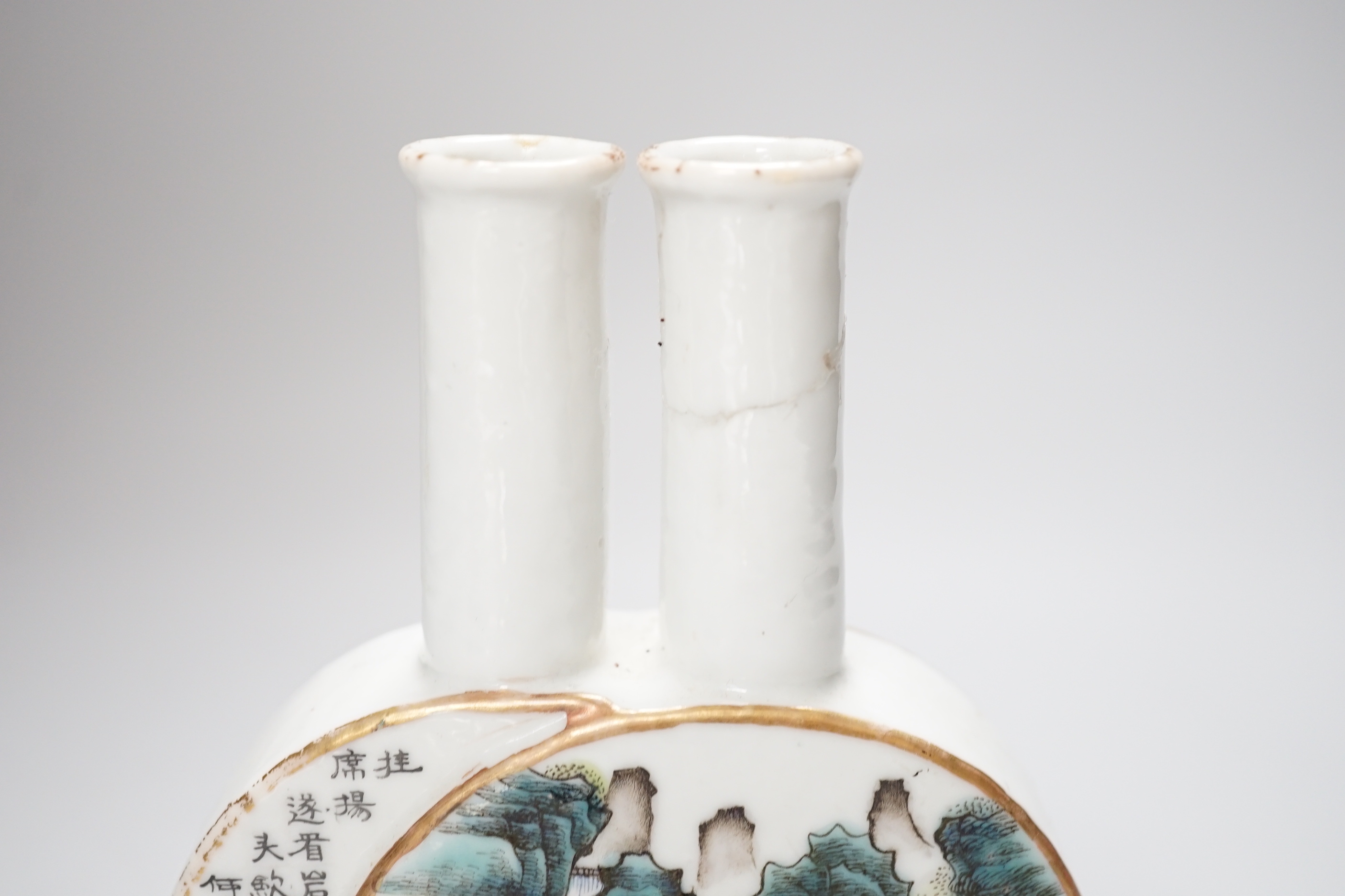 A Chinese enamelled porcelain inscribed ‘double’ moonflask, Qianlong mark but 19th century, a/f 17cm high